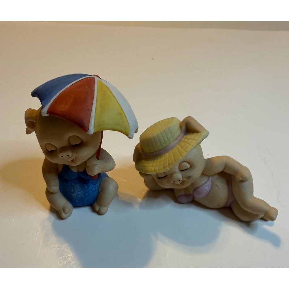 Vintage Enesco Piglets Beach Scene Umbrella Sun Hat Figurines 1980